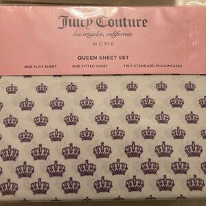 Juicy Couture Queen Bed Sheet Set Leopard Cheetah Print Crowns White Pink Purple